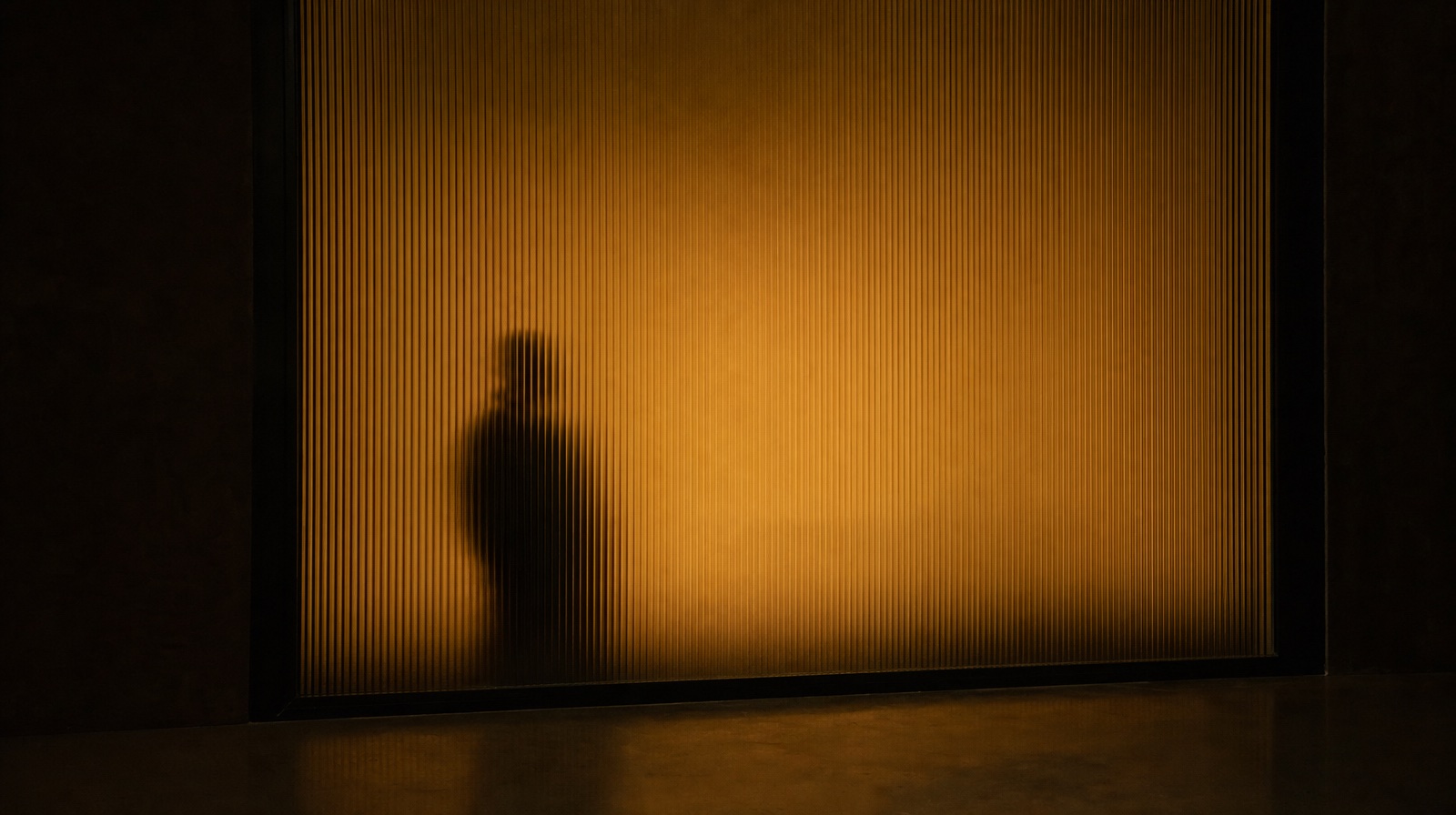 A frosted ribbed glass panel with an anonymous silhouette diffused behind warm amber light