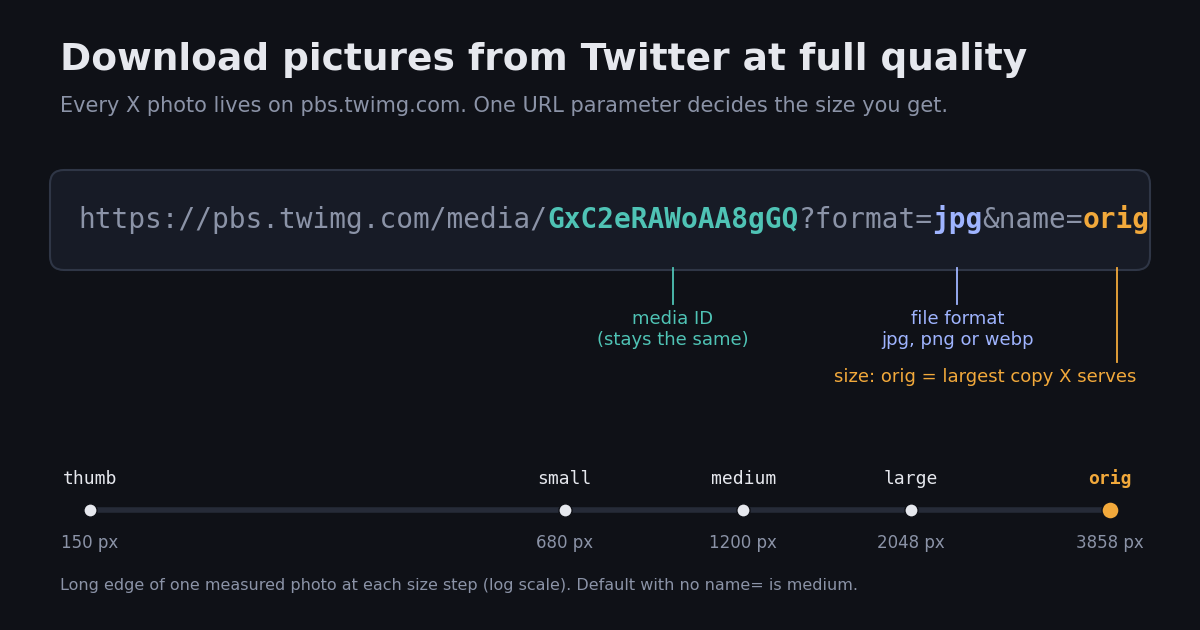 Diagram of a pbs.twimg.com image URL split into media ID, format=jpg and name=orig, above a scale showing thumb 150 px, small 680 px, medium 1200 px, large 2048 px and orig 3858 px