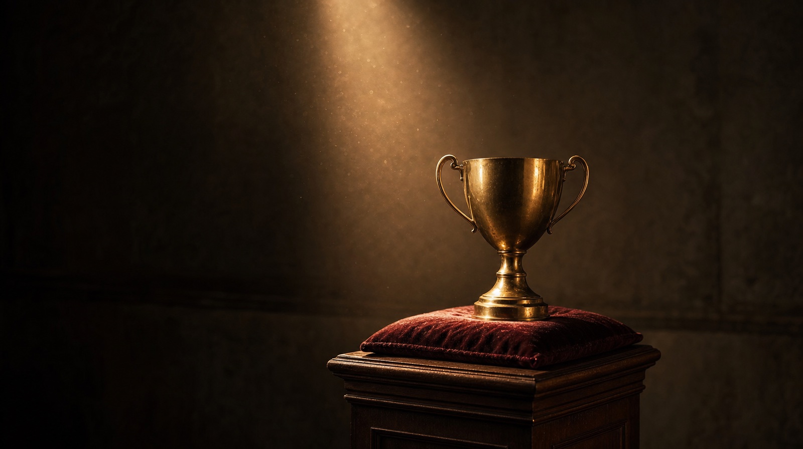 A single brass trophy cup on burgundy velvet, lit by a narrow amber spotlight