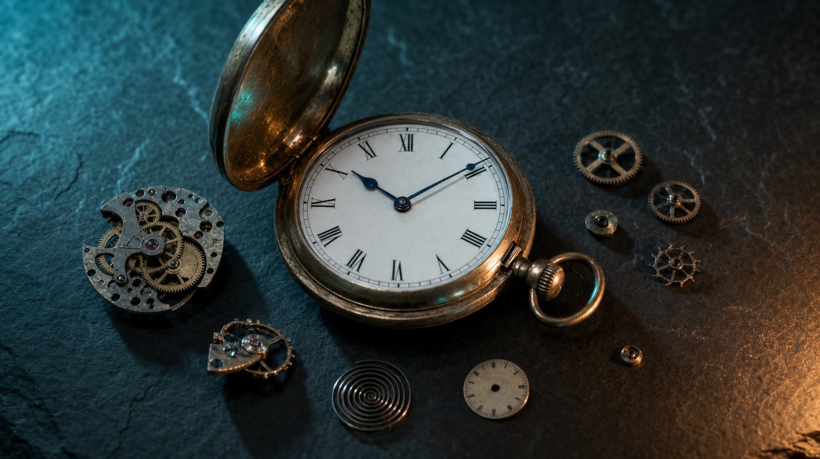 An open antique pocket watch surrounded by tiny mechanical gears on dark slate