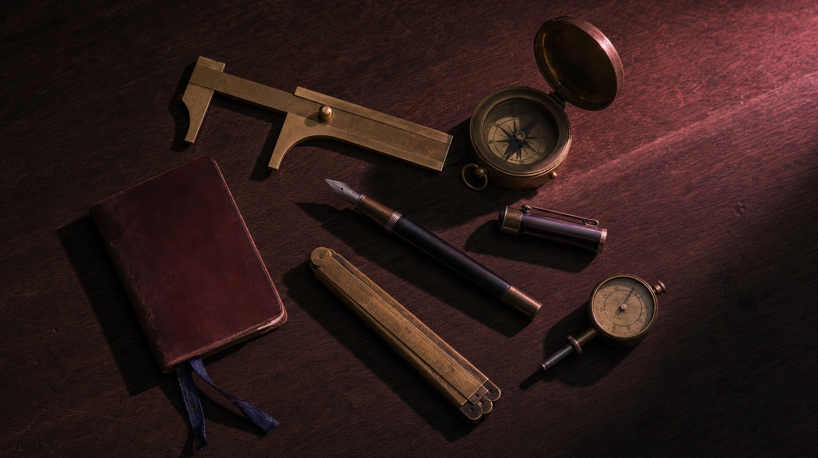 A flatlay of brass precision instruments — calipers, compass, fountain pen — on dark walnut