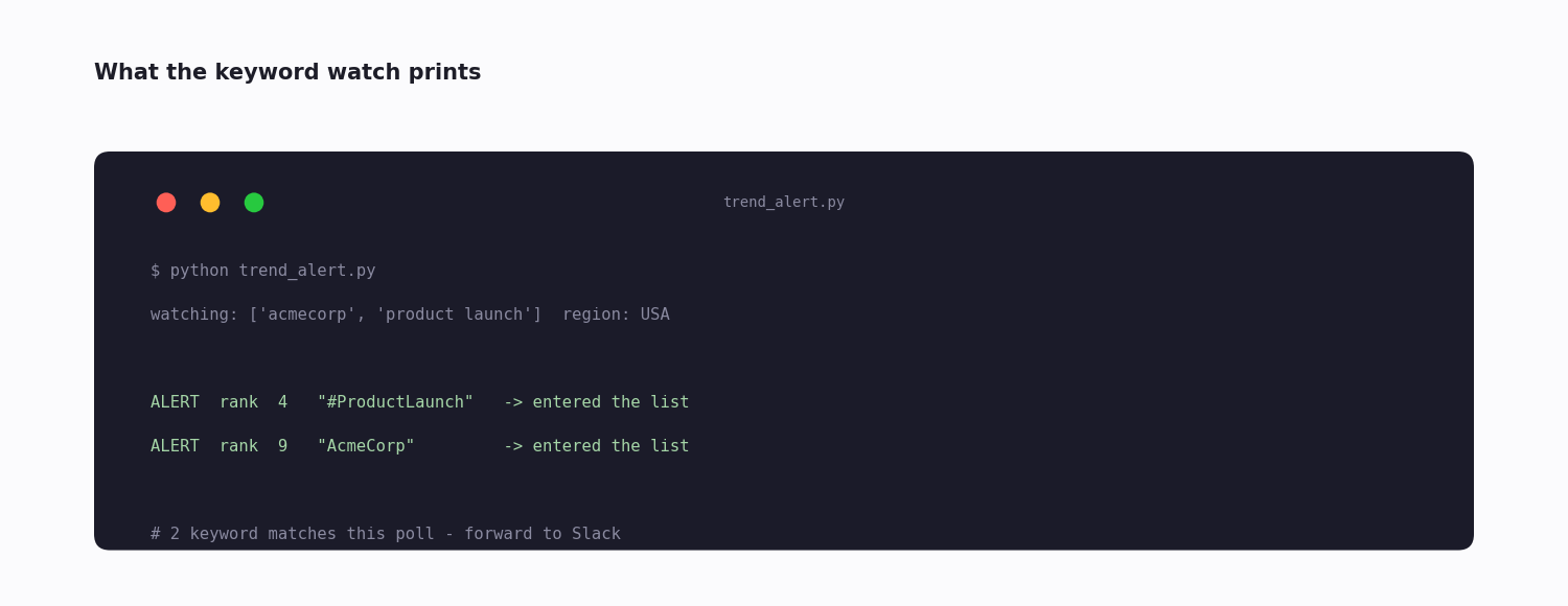 Terminal output of the keyword-watch script printing two ALERT lines for trends that entered the list