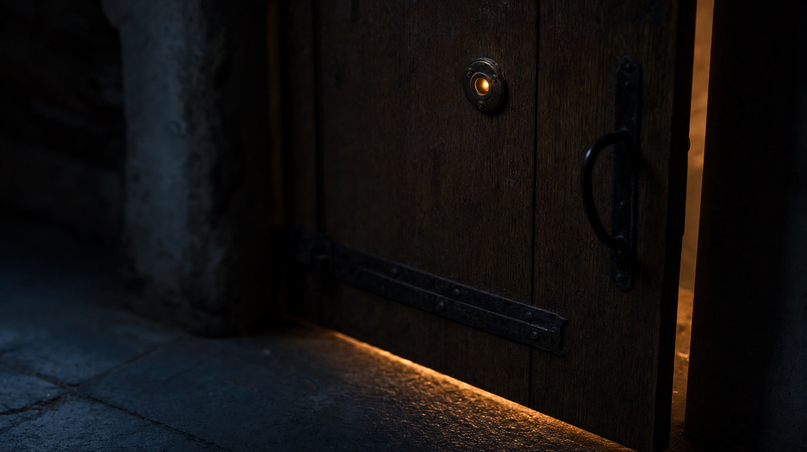 A heavy wooden door at night with warm amber light spilling through the peephole and bottom gap