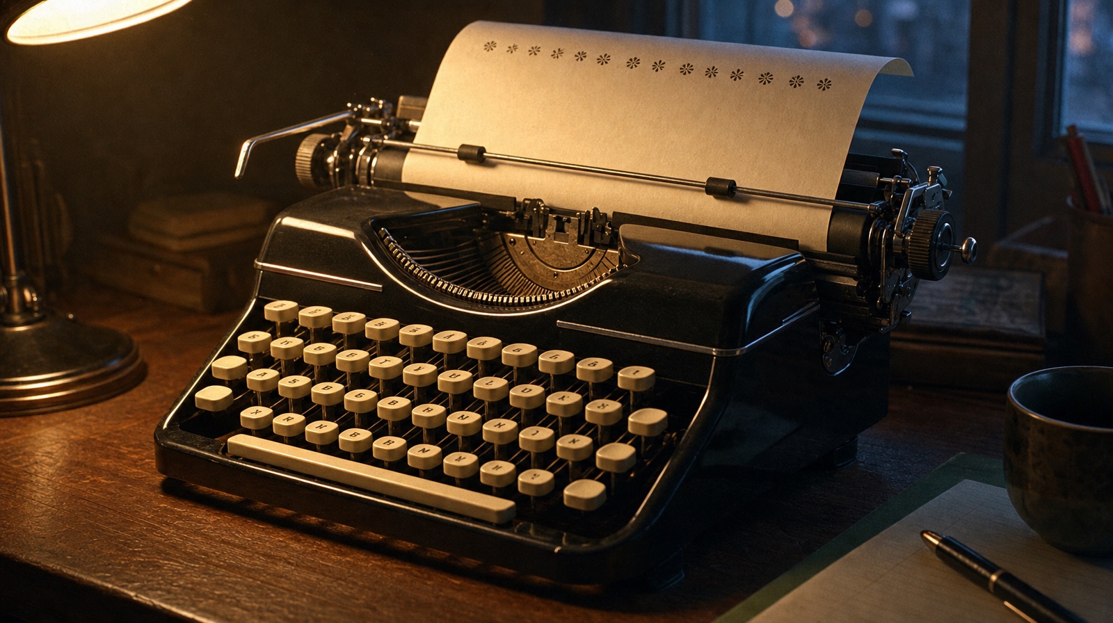 A vintage manual typewriter with cream paper threaded through, blank except for typographic ornaments