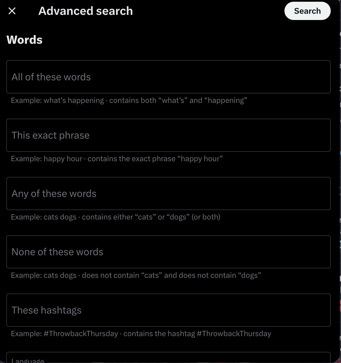 Twitter Advanced Search Interface showing various search filters and options for constructing complex queries