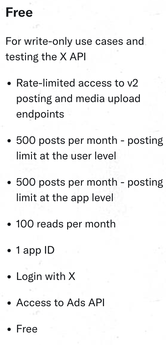 X API Free plan – official pricing screenshot