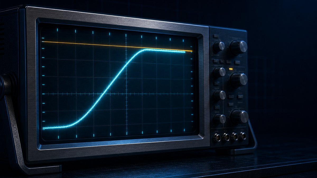 An oscilloscope-style screen showing a glowing cyan waveform rising and clipping at a thin amber ceiling line. Brushed metal bezel with knobs on the right.