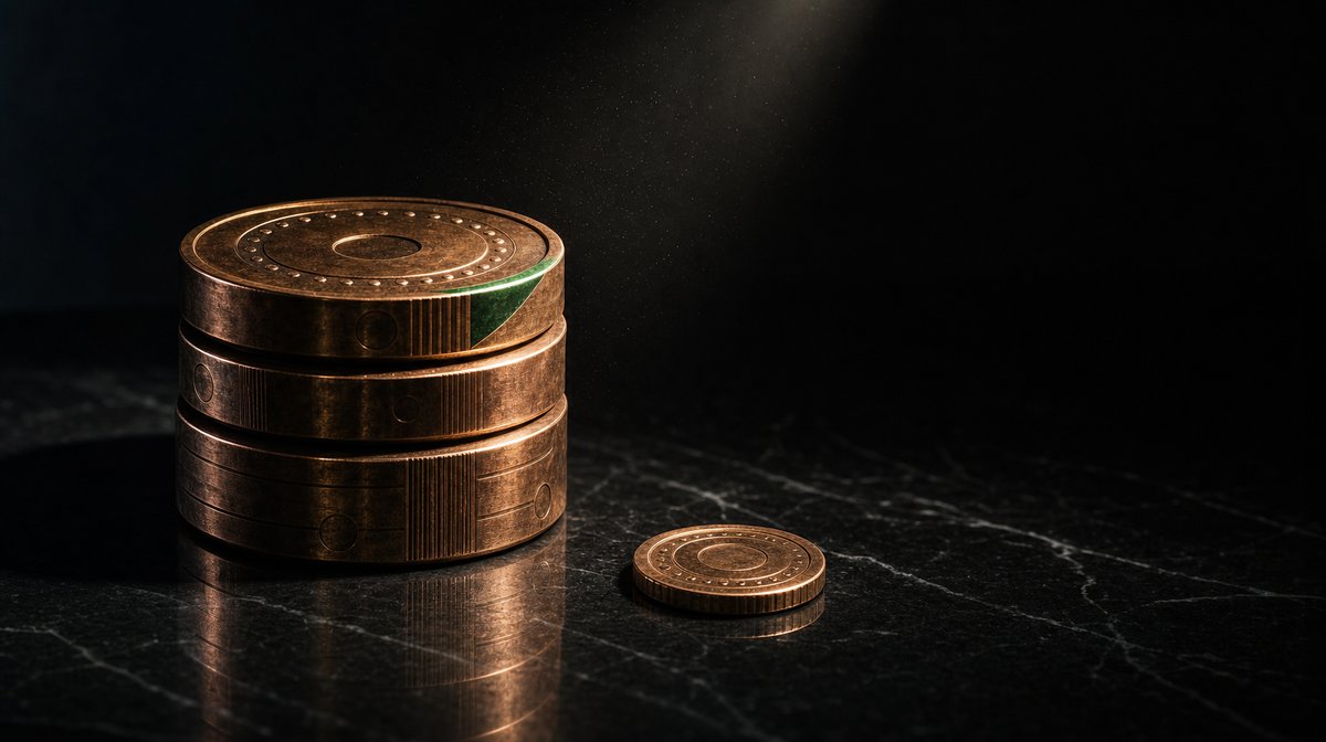 A stack of three matte copper coins sitting on polished black marble next to a single lone coin lying flat — a tier-vs-flat pricing metaphor in still life. Single sharp spotlight from upper-right, deep shadows.
