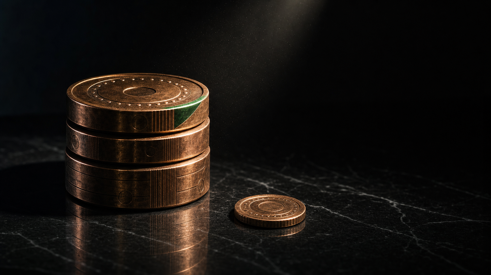 A stack of three matte copper coins sitting on polished black marble next to a single lone coin lying flat — a tier-vs-flat pricing metaphor in still life. Single sharp spotlight from upper-right, deep shadows.