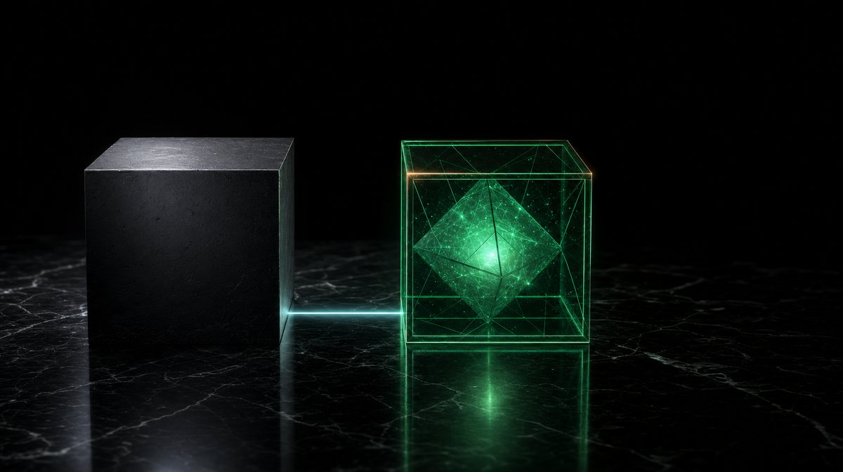Two cubes side by side on black marble: a matte solid black cube on the left and a glowing emerald wireframe cube with a faceted core on the right, joined by a thin horizontal cyan light beam between them — a clean contrast metaphor for API comparison.