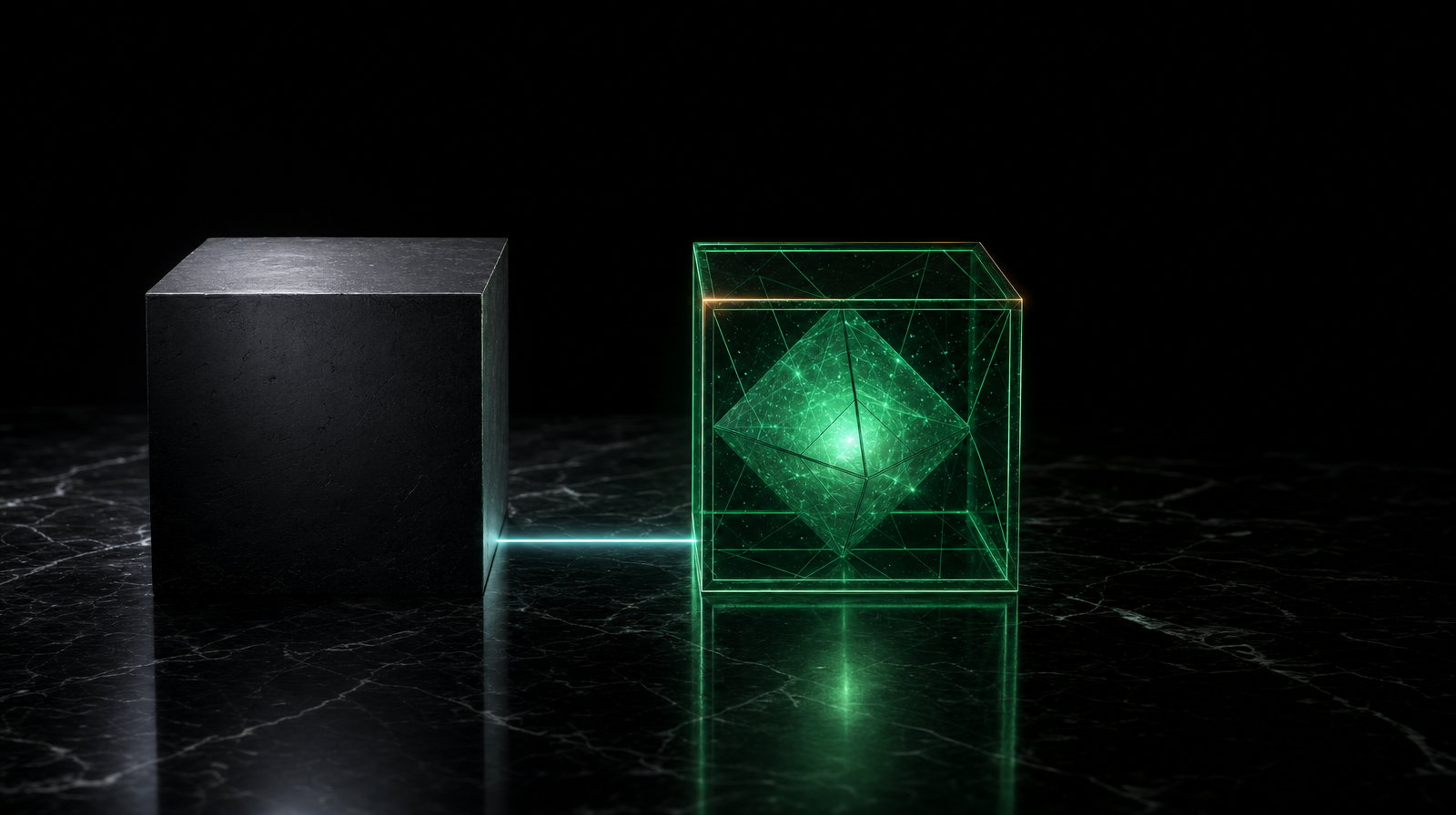 Two cubes side by side on black marble: a matte solid black cube on the left and a glowing emerald wireframe cube with a faceted core on the right, joined by a thin horizontal cyan light beam between them — a clean contrast metaphor for API comparison.
