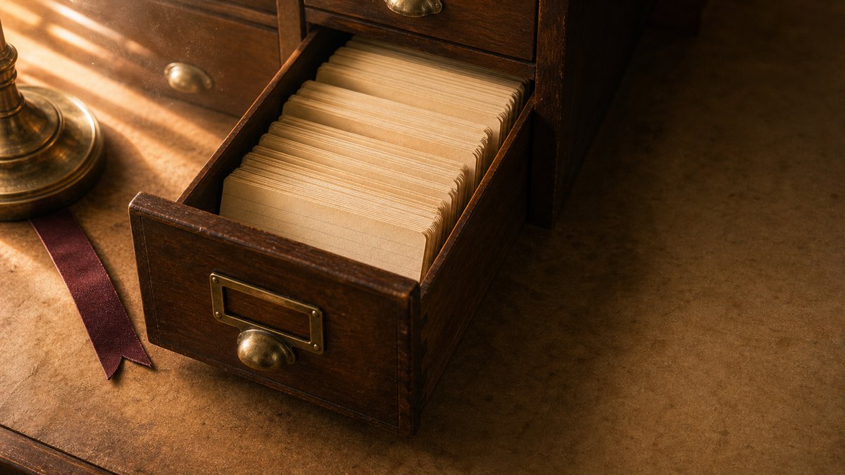 A mahogany card-catalogue drawer pulled partly out, lit by warm directional sidelight, with a brass label-frame and an oxblood ribbon resting on the desk surface.