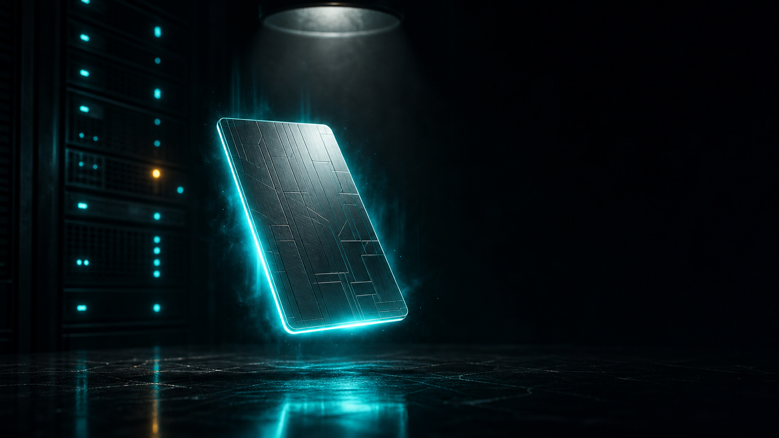 A glowing keycard hovering above a wet reflective floor, illuminated cyan, with a server rack receding into shadow on the left.