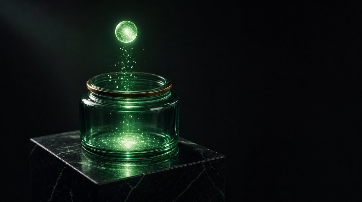 An open glass jar sitting on a black marble plinth, glowing softly with emerald-green light inside; a small glowing spherical orb suspended in the air above it pours particles down into the jar — an architectural metaphor for free measured supply.