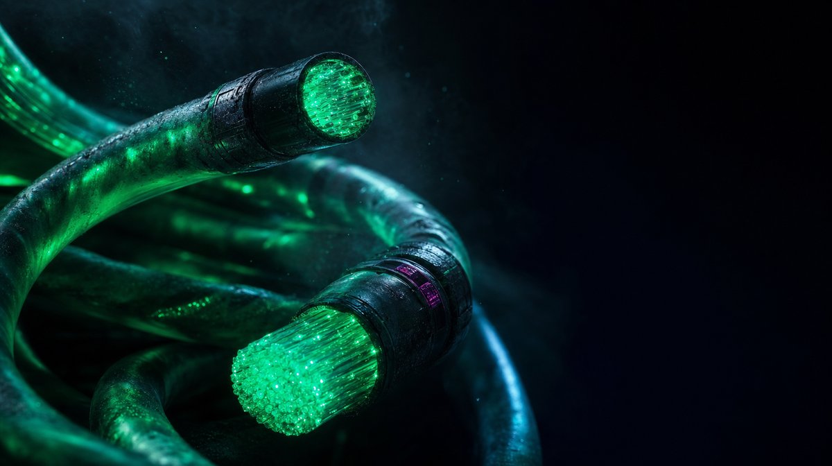 Macro photograph of three fiber-optic cables glowing vivid emerald green, two cable tips facing the viewer, atmospheric mist visible in the cool rim-light, dark studio background fading to black on the right.